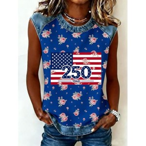 Women Floral Sleeveless Tee T-shirt Crew Neck Vintage Summer Top