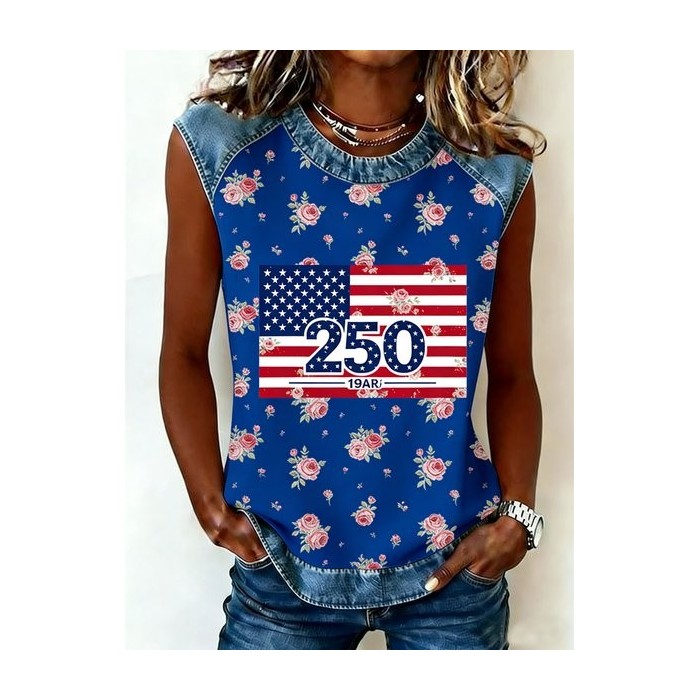 Women Floral Sleeveless Tee T-shirt Crew Neck Vintage Summer Top