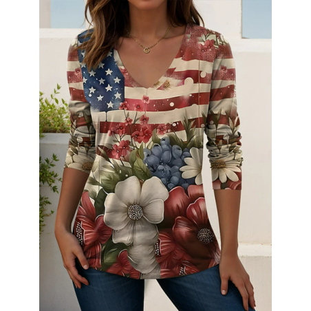 Women Floral Long Sleeve Tee T-shirt V Neck Printing Casual Graphic Tee Spring/Fall Top
