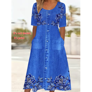 Women Floral Short Sleeve Crew Neck Printing Dress Daily Casual Maxi Shift Dress H-Line Summer Dress