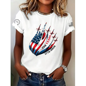Women Independence Day (Flag) Short Sleeve Tee T-shirt Crew Neck Printing Casual Graphic Tee Summer Top