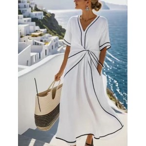 Women Striped Short Sleeve Summer Split Joint Dress V Neck Daily Vintage Maxi Tank A-Line Dress