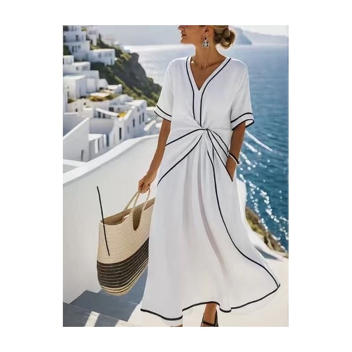 Women Striped Short Sleeve Summer Split Joint Dress V Neck Daily Vintage Maxi Tank A-Line Dress