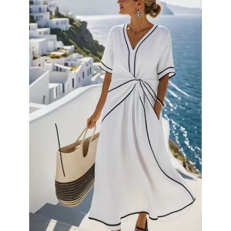 Women Striped Short Sleeve Summer Split Joint Dress V Neck Daily Vintage Maxi Tank A-Line Dress