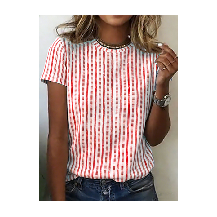Women Striped Short Sleeve Tee T-shirt Crew Neck Casual Summer Top