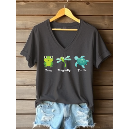 Women Animal Short Sleeve Tee T-shirt V Neck Casual Summer Top