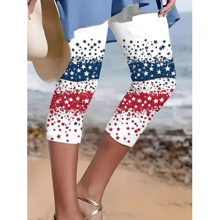 Women Star Elastic Waist Vintage Summer Capris Leggings Trousers