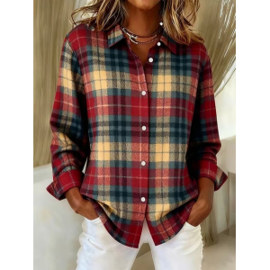 Women's Long Sleeve Shirt Spring/Fall As Picture Plaid Buckle Shirt Collar Regular Sleeve Daily Going Out Casual Top