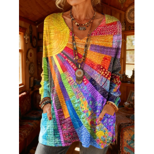 Women's Long Sleeve T-shirt Spring/Fall As Picture Abstract Printing V Neck Daily Going Out Vintage Top