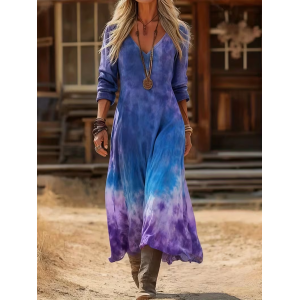 Women Ombre Long Sleeve Spring/Fall Printing Dress V Neck Daily Vintage Maxi H-Line Dress