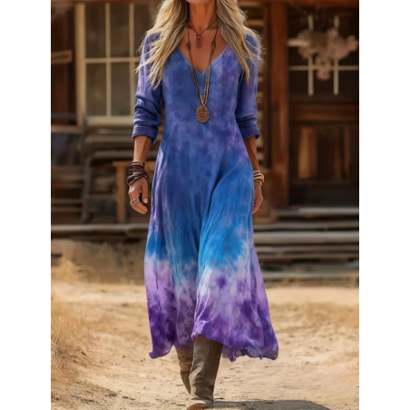 Women Ombre Long Sleeve Spring/Fall Printing Dress V Neck Daily Vintage Maxi H-Line Dress