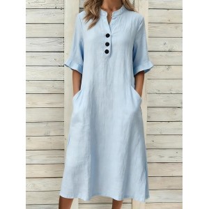 Women Plain Short Sleeve Stand Collar Dress Daily Casual Midi A-Line Summer Dress