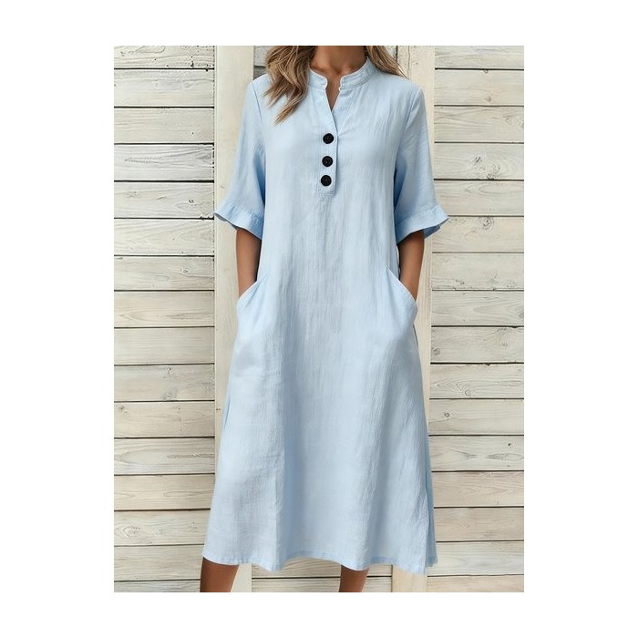 Women Plain Short Sleeve Stand Collar Dress Daily Casual Midi A-Line Summer Dress