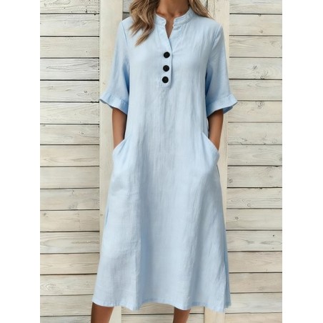 Women Plain Short Sleeve Stand Collar Dress Daily Casual Midi A-Line Summer Dress