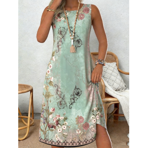 Women Geometric Sleeveless Crew Neck Dress Holiday Casual Midi Tank A-Line Summer Dress
