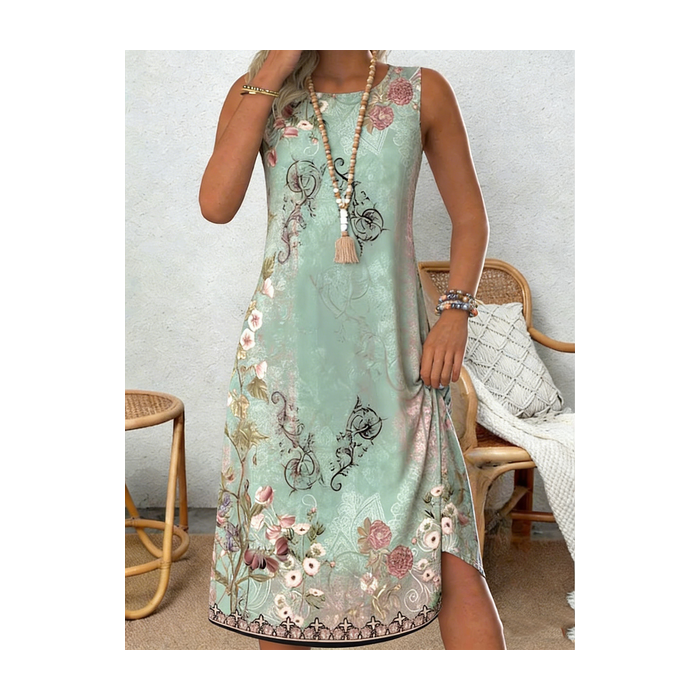 Women Geometric Sleeveless Crew Neck Dress Holiday Casual Midi Tank A-Line Summer Dress