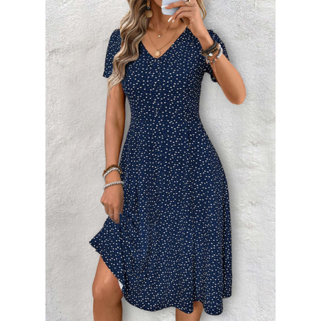 Women Abstract Polka Dots Short Sleeve V Neck Dress Daily Casual Midi Fit & Flare Dress A-Line Summer Dress