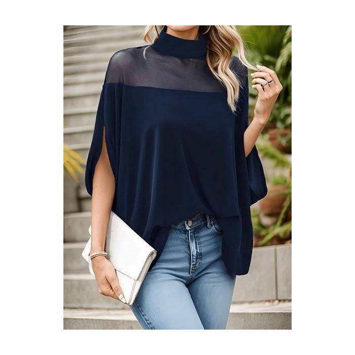 Women Plain Half Sleeve Tee T-shirt Mock Neck Split Joint Casual Summer Top
