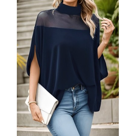 Women Plain Half Sleeve Tee T-shirt Mock Neck Split Joint Casual Summer Top