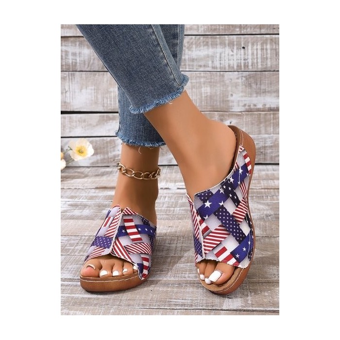 Summer Vintage Pu America Flag Wedge Sandal