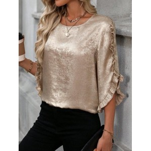 Women Plain Crew Neck Three Quarter Sleeve Shirt Split Joint Ruffle Sleeve Casual Daily Spring/Fall Top