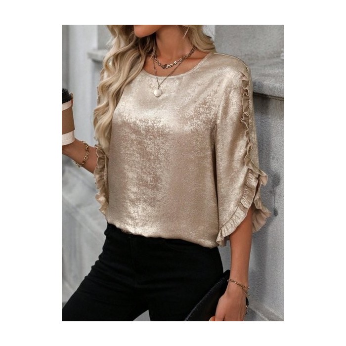 Women Plain Crew Neck Three Quarter Sleeve Shirt Split Joint Ruffle Sleeve Casual Daily Spring/Fall Top