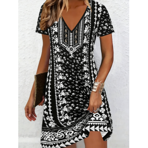 Women Ethnic Short Sleeve V Neck Printing Dress Daily Casual Knee Length T-Shirt Dress H-Line Summer Dress
