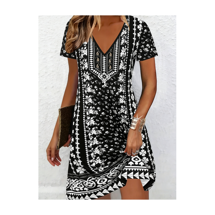 Women Ethnic Short Sleeve V Neck Printing Dress Daily Casual Knee Length T-Shirt Dress H-Line Summer Dress