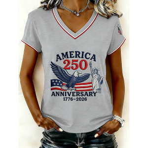 Women America Flag Short Sleeve Tee T-shirt V Neck Casual Summer Top