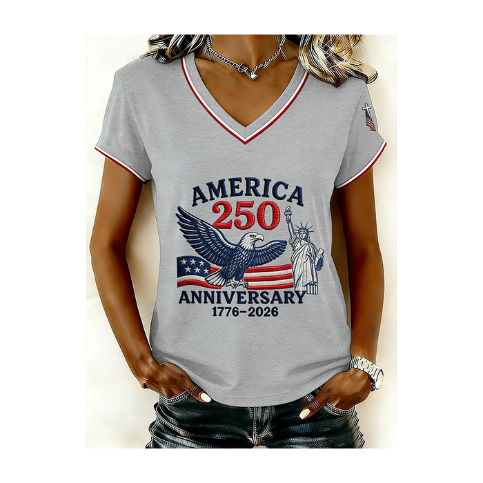 Women America Flag Short Sleeve Tee T-shirt V Neck Casual Summer Top