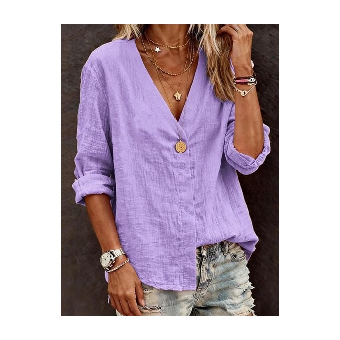 Women Plain V Neck Long Sleeve Shirt Casual Daily Spring/Fall Top