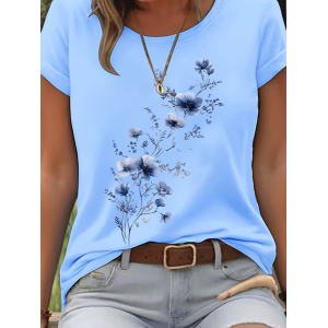 Women Floral Short Sleeve Tee T-shirt Crew Neck Printing Casual Graphic Tee Summer Top