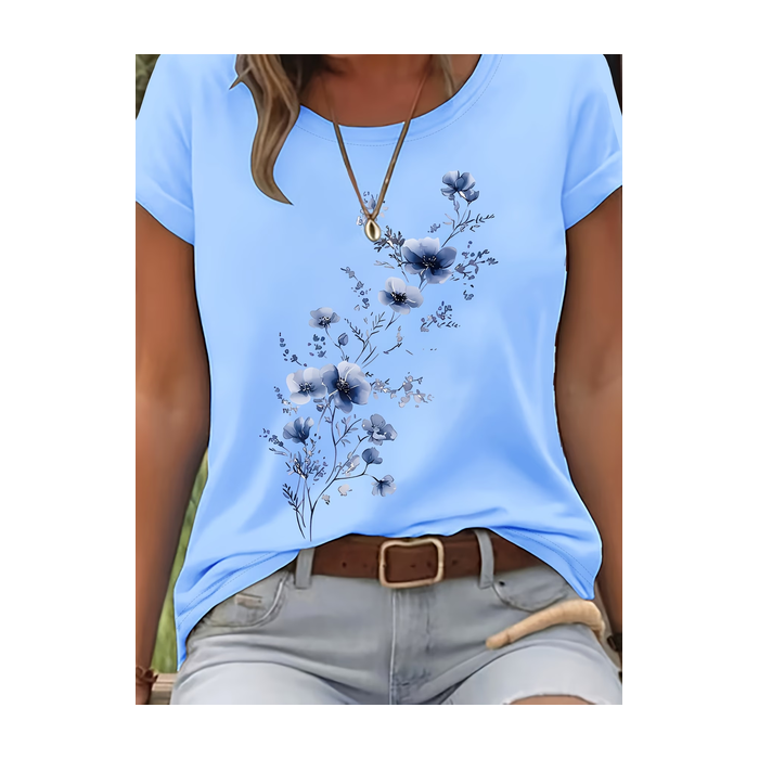 Women Floral Short Sleeve Tee T-shirt Crew Neck Printing Casual Graphic Tee Summer Top