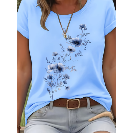 Women Floral Short Sleeve Tee T-shirt Crew Neck Printing Casual Graphic Tee Summer Top
