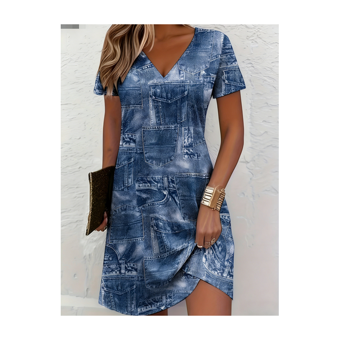 Women Faux Denim Print Graphic Short Sleeve V Neck Printing Dress Daily Casual Knee Length T-Shirt Dress H-Line Summer Dress