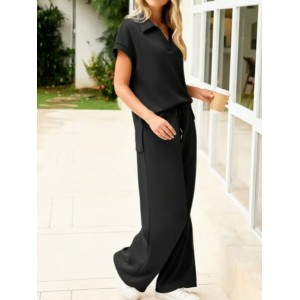 Women Plain Split Joint Two-Piece Set Daily Half Sleeve Casual Summer Top With Pants Matching Set