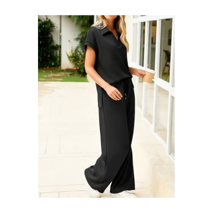 Women Plain Split Joint Two-Piece Set Daily Half Sleeve Casual Summer Top With Pants Matching Set