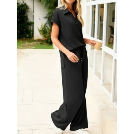 Women Plain Split Joint Two-Piece Set Daily Half Sleeve Casual Summer Top With Pants Matching Set