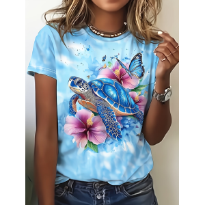 Women Floral Short Sleeve Tee T-shirt Crew Neck Printing Casual Graphic Tee Summer Top
