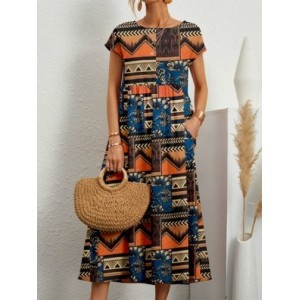 Women Geometric Short Sleeve Crew Neck Printing Dress Daily Vintage Maxi Tank A-Line Summer Dress