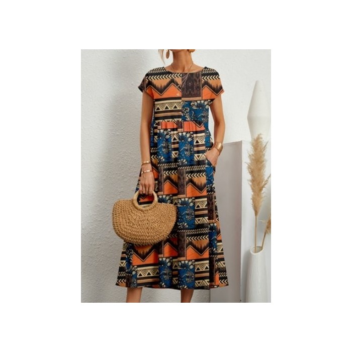 Women Geometric Short Sleeve Crew Neck Printing Dress Daily Vintage Maxi Tank A-Line Summer Dress