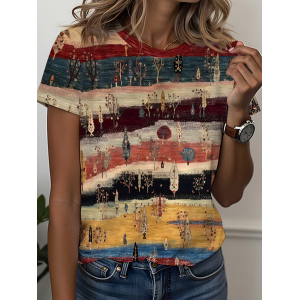 Women Ethnic Short Sleeve Tee T-shirt Crew Neck Printing Casual Graphic Tee Summer Top