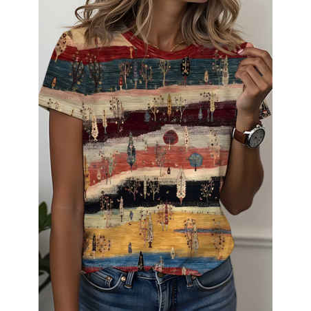 Women Ethnic Short Sleeve Tee T-shirt Crew Neck Printing Casual Graphic Tee Summer Top