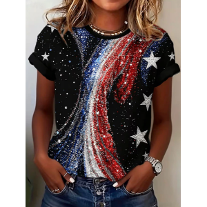 Women Star Short Sleeve Tee T-shirt Crew Neck Printing Casual Graphic Tee Summer Top