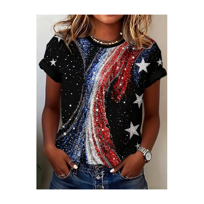 Women Star Short Sleeve Tee T-shirt Crew Neck Printing Casual Graphic Tee Summer Top