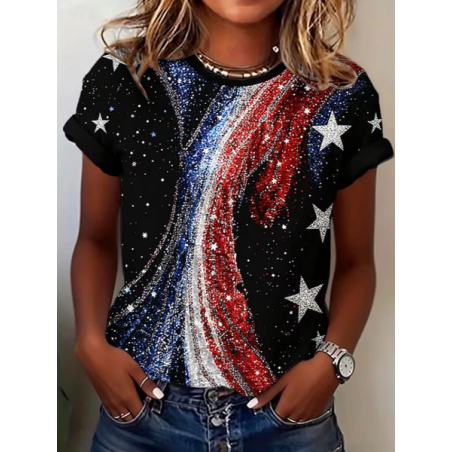 Women Star Short Sleeve Tee T-shirt Crew Neck Printing Casual Graphic Tee Summer Top