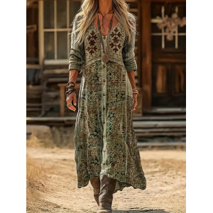 Women Abstract Long Sleeve Spring/Fall Printing Dress V Neck Daily Vintage Maxi H-Line Dress