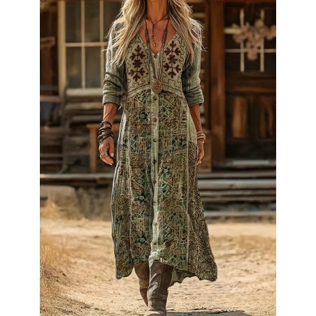 Women Abstract Long Sleeve Spring/Fall Printing Dress V Neck Daily Vintage Maxi H-Line Dress