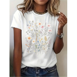 Women Floral Short Sleeve Tee T-shirt Crew Neck Printing Casual Graphic Tee Summer Top