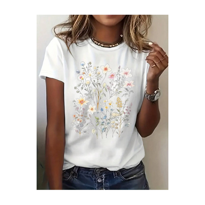 Women Floral Short Sleeve Tee T-shirt Crew Neck Printing Casual Graphic Tee Summer Top